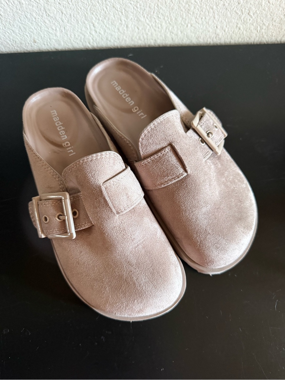 NWOT-Madden Girl Taupe Suede Buckle Slip-On Clogs